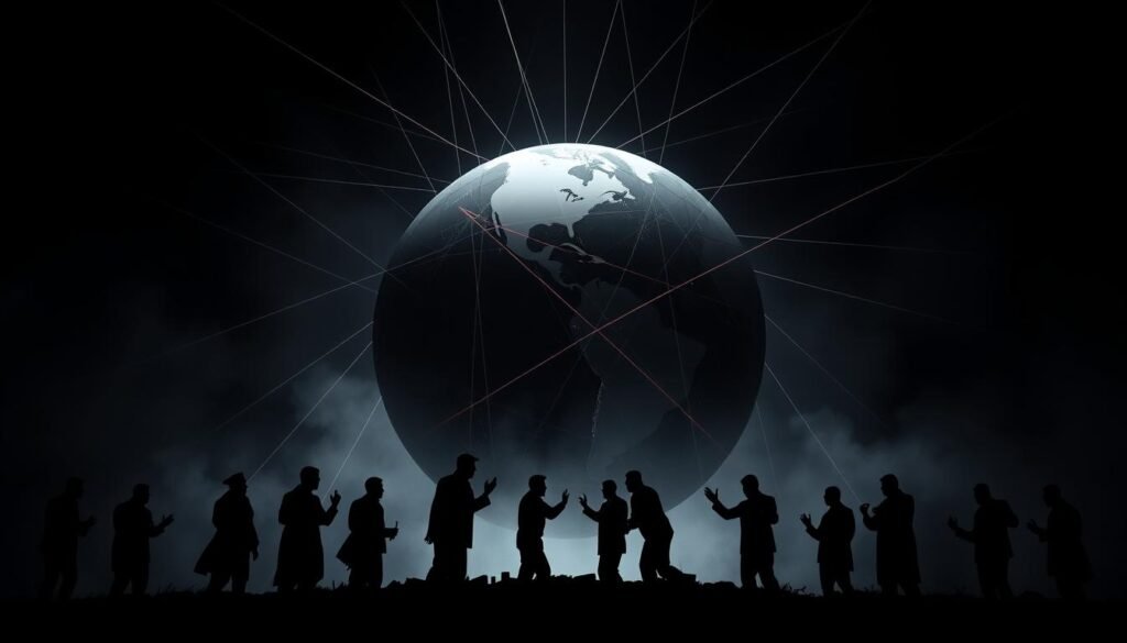 A vast globe, its continents cast in shadow, dominates the center of the frame. Intersecting threads of light, representing the complex web of global political influence, radiate outward from the sphere. In the foreground, silhouetted figures, each representing a different nation or ideology, engage in a tense standoff, their shadows merging and clashing. The background is shrouded in a hazy, ominous atmosphere, suggesting the growing uncertainty and challenges to democratic governance. Dramatic chiaroscuro lighting emphasizes the gravity and weight of the subject matter, creating a sense of foreboding and unease. The overall composition conveys the powerful, yet delicate, balance of global politics and its impact on the future of modern governance. A vast globe, its continents cast in shadow, dominates the center of the frame. Intersecting threads of light, representing the complex web of global political influence, radiate outward from the sphere. In the foreground, silhouetted figures, each representing a different nation or ideology, engage in a tense standoff, their shadows merging and clashing. The background is shrouded in a hazy, ominous atmosphere, suggesting the growing uncertainty and challenges to democratic governance. Dramatic chiaroscuro lighting emphasizes the gravity and weight of the subject matter, creating a sense of foreboding and unease. The overall composition conveys the powerful, yet delicate, balance of global politics and its impact on the future of modern governance.