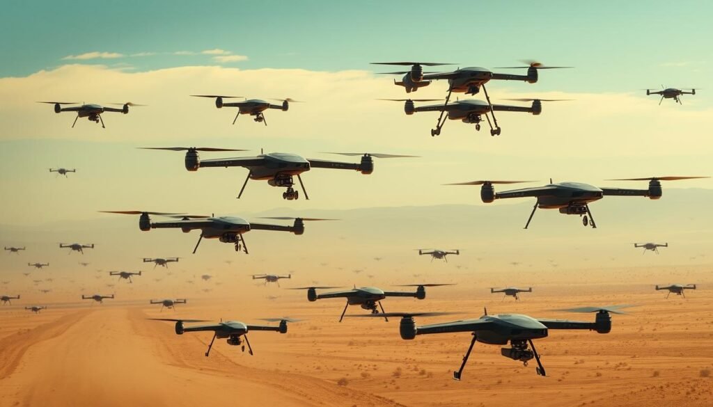 A vast, open landscape with a decentralized army of advanced drones, their sleek silhouettes cutting through the sky. In the foreground, a swarm of drones, their movements fluid and coordinated, like a flock of mechanical birds. In the middle ground, larger drones, their hulking frames equipped with an array of sensors and weapons, patrolling the skies. In the distance, a horizon filled with more drones, a grassroots ecosystem of innovation and creativity, shaping the future of asymmetric warfare. The scene is bathed in a warm, golden light, lending an air of determination and purpose to the autonomous forces. The image conveys the power and adaptability of this new era of decentralized drone technology.