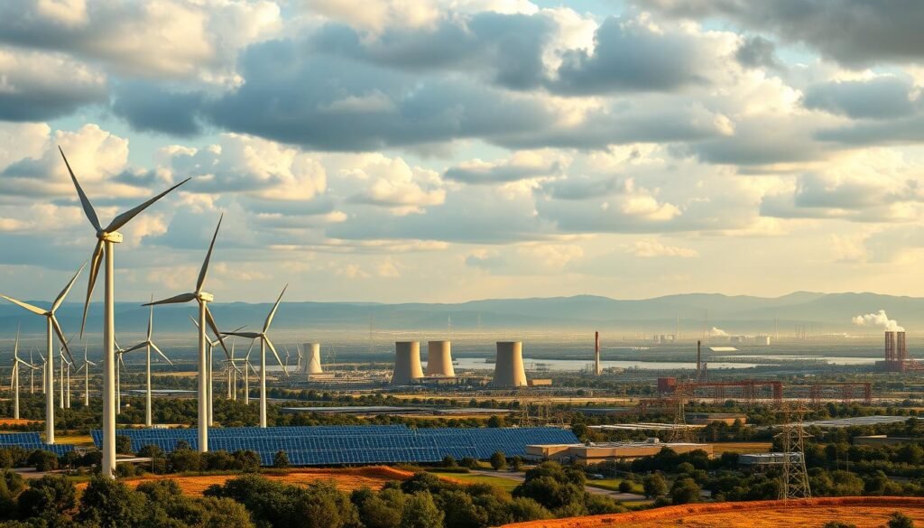 A vast, panoramic landscape depicting the diverse power generation mix of the modern world. In the foreground, massive wind turbines stand tall, their blades cutting through the air with a graceful motion. Beyond them, solar panels glimmer in the sunlight, harnessing the abundant energy of the sun. In the middle ground, nuclear power plants rise, their distinctive cooling towers emitting plumes of steam. In the distance, sprawling fossil fuel power stations belch smoke, signaling the ongoing reliance on traditional energy sources. The sky above is a canvas of shifting clouds, casting dynamic shadows across the scene, symbolizing the dynamic and ever-evolving geopolitical landscape. The lighting is dramatic, with a warm, golden glow illuminating the scene, conveying a sense of both progress and uncertainty.
