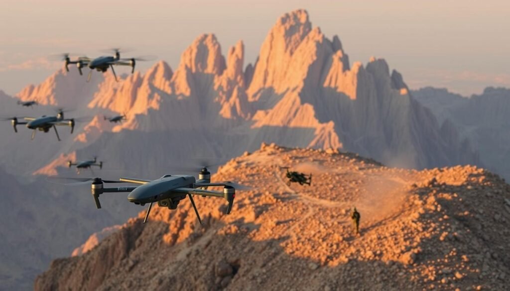 An aerial view of a complex military operation, "Operation Sindhoor", unfolding on a rugged, mountainous terrain. In the foreground, a swarm of sleek, agile drones swiftly navigates the landscape, their sensor arrays gathering crucial intelligence. In the middle ground, a team of specialized ground forces expertly maneuvers through the treacherous terrain, utilizing the drone's real-time data to guide their movements. The background is dominated by towering, craggy peaks, bathed in the warm glow of the setting sun, creating an atmosphere of high-stakes intensity. The scene conveys a sense of precision, adaptability, and the power of asymmetric warfare tactics to shape the outcome of a conflict.