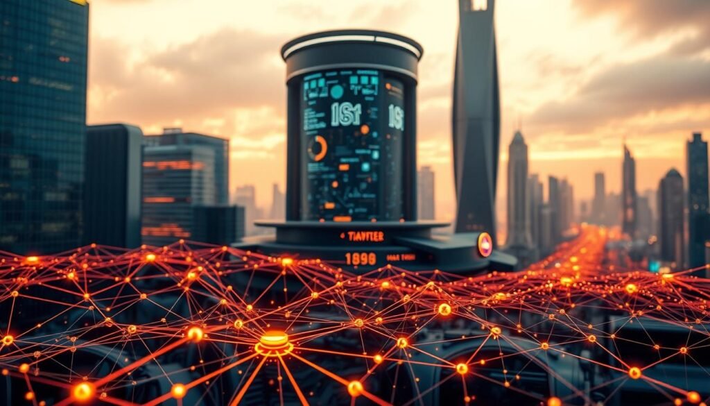 Automated Workflow From Signal to Resolution: A seamless journey visualized in a dynamic, futuristic landscape. In the foreground, a network of interconnected nodes pulsing with data, representing the flow of information. In the middle ground, a towering command center with holographic displays, guiding the autonomous resolution process. The background features a towering cityscape of sleek, intelligent buildings, hinting at the integration of this workflow within a smart, adaptive environment. Warm lighting illuminates the scene, conveying a sense of efficiency and precision. Subtle camera angles and depth-of-field blur emphasize the depth and complexity of this automated system, ready to swiftly detect, analyze and resolve any emerging incidents.