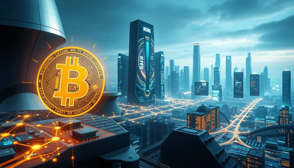 Crypto 101: A digital landscape of sleek, metallic structures and glowing holographic interfaces. In the foreground, a golden Bitcoin symbol casts a warm, inviting glow, surrounded by a cascade of cascading data streams and geometric patterns. In the middle ground, a network of interconnected nodes and circuits pulsate with the energy of a thriving blockchain ecosystem. The background is a sweeping vista of futuristic skyscrapers, their facades adorned with digital murals and neon signage. Soft, directional lighting illuminates the scene, creating a sense of depth and technologically-advanced ambiance. The overall atmosphere is one of innovation, progress, and the boundless possibilities of the crypto revolution.
