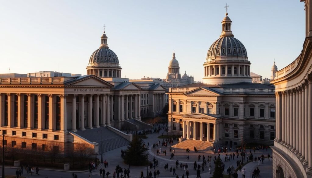 Expansive government buildings in classical architectural styles, adorned with ornate columns and grand entryways. Majestic domes and spires pierce the sky, casting long shadows across the bustling urban landscape. In the foreground, citizens navigate the winding sidewalks, their expressions a mix of reverence and purpose. Warm, golden light filters through the windows, illuminating the stately facades. A sense of authority and tradition pervades the scene, hinting at the power and influence wielded by the institutions that occupy these grand structures. Expansive government buildings in classical architectural styles, adorned with ornate columns and grand entryways. Majestic domes and spires pierce the sky, casting long shadows across the bustling urban landscape. In the foreground, citizens navigate the winding sidewalks, their expressions a mix of reverence and purpose. Warm, golden light filters through the windows, illuminating the stately facades. A sense of authority and tradition pervades the scene, hinting at the power and influence wielded by the institutions that occupy these grand structures.