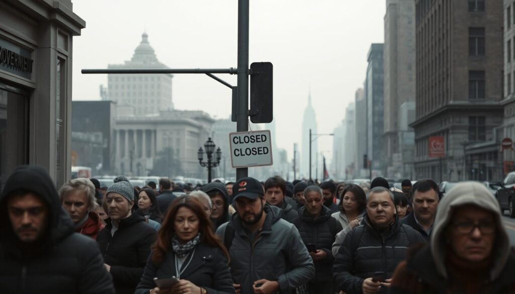 A bustling city street on a gloomy, overcast day. In the foreground, a long line of citizens waiting at a government office, their expressions tired and worried. In the middle ground, a closed sign hangs on the door, underscoring the impact of the shutdown. The background is filled with a hazy, desaturated cityscape, conveying a sense of uncertainty and unease. Lighting is low-key, casting shadows across the scene. The camera angle is positioned at eye level, drawing the viewer into the palpable tension of the moment. A bustling city street on a gloomy, overcast day. In the foreground, a long line of citizens waiting at a government office, their expressions tired and worried. In the middle ground, a closed sign hangs on the door, underscoring the impact of the shutdown. The background is filled with a hazy, desaturated cityscape, conveying a sense of uncertainty and unease. Lighting is low-key, casting shadows across the scene. The camera angle is positioned at eye level, drawing the viewer into the palpable tension of the moment.