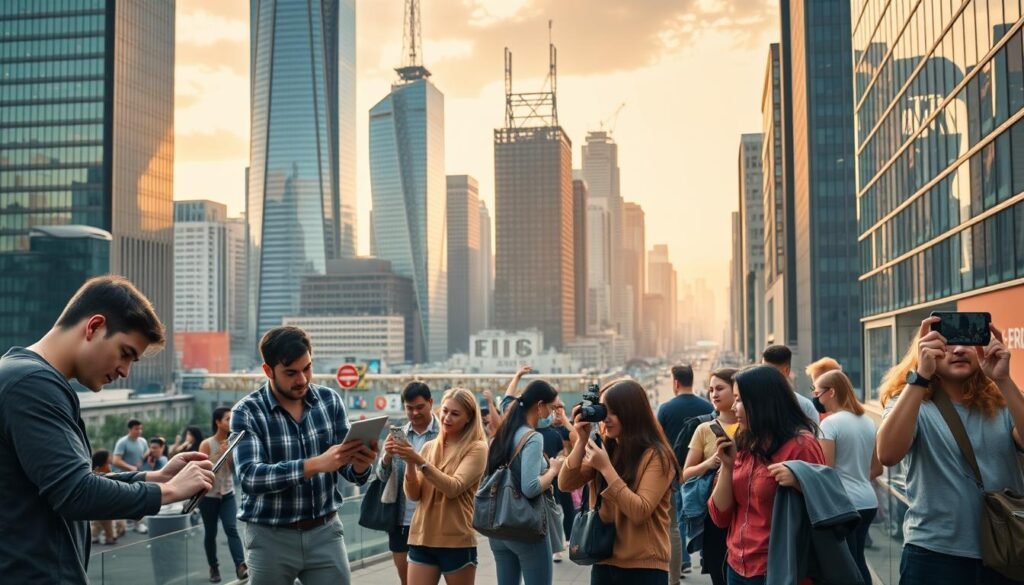 A bustling urban landscape, with skyscrapers and a vibrant street scene. In the foreground, a diverse group of people engaged in various freelance gigs: a graphic designer hunched over a laptop, a software developer coding on their tablet, a photographer snapping candid shots, and a content creator recording a video on their smartphone. The middle ground features a coworking space with people collaborating and networking. In the background, a cityscape bathed in warm, golden-hour lighting, conveying a sense of productivity, creativity, and the flexibility of the gig economy. The scene is dynamic, showcasing the multifaceted nature of modern freelance work.
