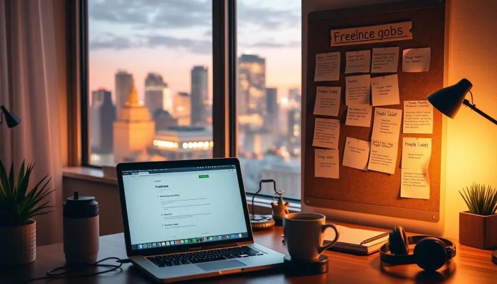 A cozy home office setup with a laptop, a cup of coffee, and a bulletin board covered in sticky notes and freelance job listings. Warm, diffused lighting casts a soft glow, creating a productive and inviting atmosphere. In the background, a city skyline is visible through a large window, hinting at the global, digital nature of modern freelance work. Subtle details like a plant, a mug, and a pair of headphones suggest the multifaceted nature of freelance gigs, from creative to technical tasks. The overall scene conveys the flexibility, independence, and entrepreneurial spirit of the freelance lifestyle.