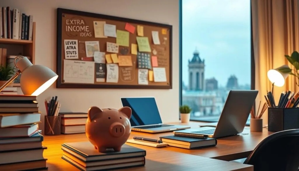 A cozy home office with a desk, laptop, and various office supplies. In the foreground, a stack of books and a piggy bank symbolize financial growth and self-education. The middle ground features a bulletin board with sticky notes, diagrams, and inspirational quotes, representing the planning and strategizing of extra income ideas. The background showcases a large window with a cityscape view, suggesting the potential for new opportunities beyond the confines of the workspace. Warm, soft lighting illuminates the scene, creating a contemplative and productive atmosphere.