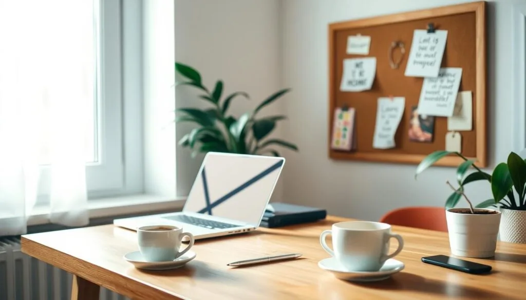 A cozy home office with a laptop, a cup of coffee, and a potted plant on a simple wooden desk. The window in the background lets in soft, natural light, creating a warm and inviting atmosphere. A bulletin board on the wall displays inspirational notes and reminders, hinting at the productivity and focus of the remote work setup. The overall scene conveys a sense of balance between work and personal life, with the comfort and flexibility of a work-from-home environment.