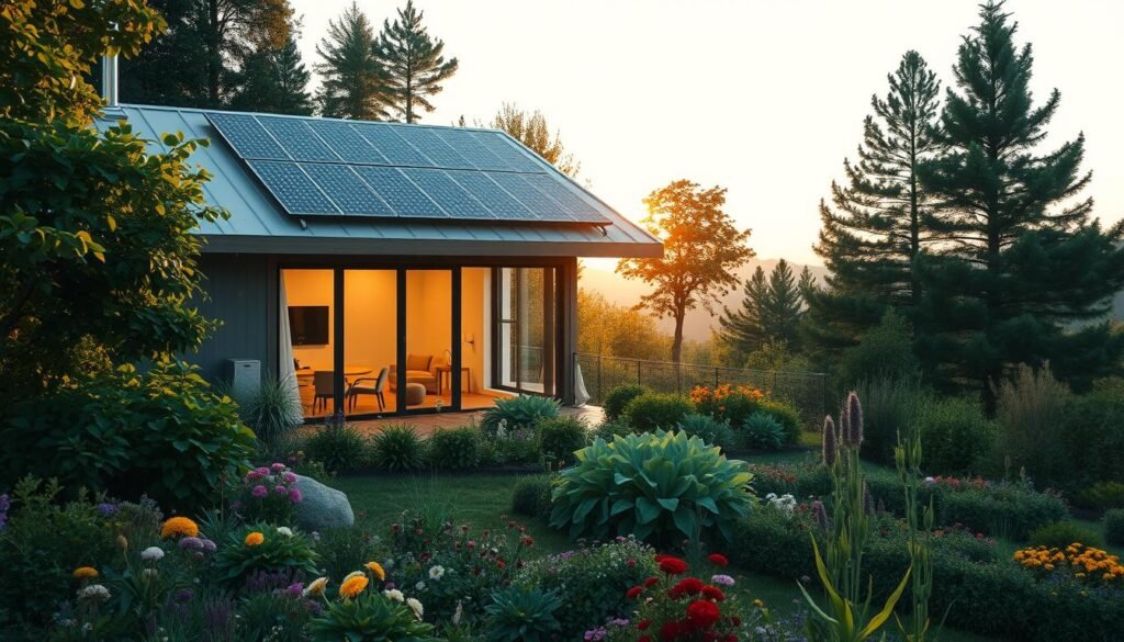 A cozy, modern eco-friendly home nestled among lush greenery, its sleek solar panels glistening in the warm sunlight. Tall, energy-efficient windows allow natural light to flood the interior, illuminating a spacious, open-plan layout with minimalist furnishings and sustainable materials. In the foreground, a permaculture garden overflows with vibrant flowers and vegetables, while a rainwater harvesting system and geothermal heat pump can be seen in the middle ground. The background features towering trees and a distant, hilly horizon, conveying a sense of harmony between the home and its natural surroundings. The overall atmosphere is one of tranquility, comfort, and environmental consciousness.