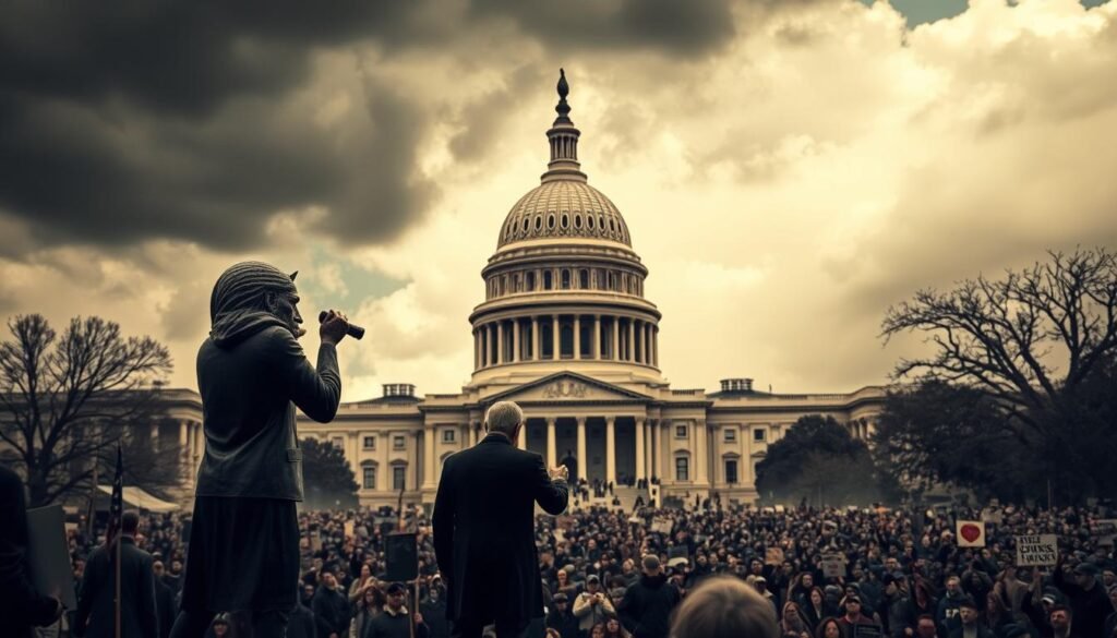 A deadlocked US Capitol building under a stormy sky, the iconic dome shrouded in ominous clouds. In the foreground, two figures representing political parties locked in heated debate, their postures tense and unyielding. The scene is bathed in a somber, almost sepia-toned light, conveying the gravity of the situation. The middle ground reveals a sea of protesters, their banners and signs reflecting the division and frustration of the American people. The background is hazy, suggesting the complex, interwoven factors contributing to the political impasse. The overall mood is one of tension, uncertainty, and a sense of a system in crisis.