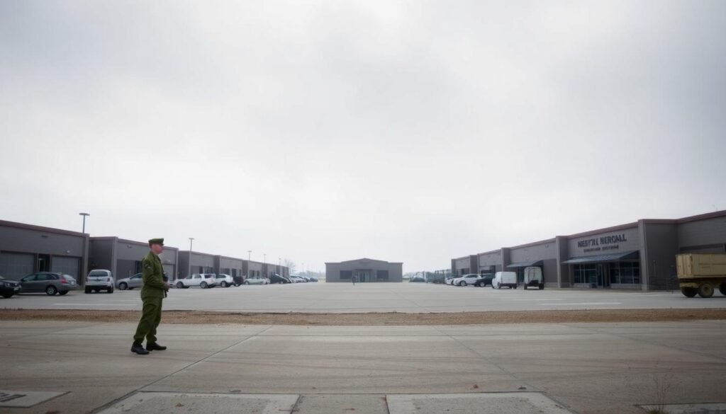 A deserted military base during a government shutdown. In the foreground, a lone soldier stands guard, their uniform crisp and their posture rigid, conveying a sense of duty and resolve. The middle ground reveals empty barracks, vehicles parked in orderly rows, and a mess hall with its doors closed. The background is dominated by a vast, grey sky, casting a somber, muted tone over the scene. The lighting is soft and diffused, creating a sense of melancholy and uncertainty. The overall atmosphere suggests a military installation left in a state of limbo, its day-to-day operations disrupted by the larger political and economic forces at play. A deserted military base during a government shutdown. In the foreground, a lone soldier stands guard, their uniform crisp and their posture rigid, conveying a sense of duty and resolve. The middle ground reveals empty barracks, vehicles parked in orderly rows, and a mess hall with its doors closed. The background is dominated by a vast, grey sky, casting a somber, muted tone over the scene. The lighting is soft and diffused, creating a sense of melancholy and uncertainty. The overall atmosphere suggests a military installation left in a state of limbo, its day-to-day operations disrupted by the larger political and economic forces at play.