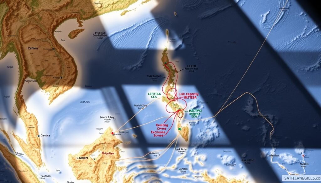 A detailed geopolitical map of the South China Sea, depicting the complex territorial claims and maritime disputes in the region. The map shows the overlapping Exclusive Economic Zones (EEZs) of the surrounding nations, including China's contentious "nine-dash line" claim. The foreground features the key landmasses and islands, rendered with high fidelity and attention to geographic details. The middle ground showcases the intricate web of maritime boundaries, demarcated with distinct colors and patterns. In the background, the vast expanse of the South China Sea is rendered with a sense of depth and tranquility, contrasting with the tensions above. The lighting is natural and evocative, casting shadows that highlight the topography. The overall atmosphere conveys the strategic significance and delicate geopolitical balance of this critical maritime region. A detailed geopolitical map of the South China Sea, depicting the complex territorial claims and maritime disputes in the region. The map shows the overlapping Exclusive Economic Zones (EEZs) of the surrounding nations, including China's contentious "nine-dash line" claim. The foreground features the key landmasses and islands, rendered with high fidelity and attention to geographic details. The middle ground showcases the intricate web of maritime boundaries, demarcated with distinct colors and patterns. In the background, the vast expanse of the South China Sea is rendered with a sense of depth and tranquility, contrasting with the tensions above. The lighting is natural and evocative, casting shadows that highlight the topography. The overall atmosphere conveys the strategic significance and delicate geopolitical balance of this critical maritime region.