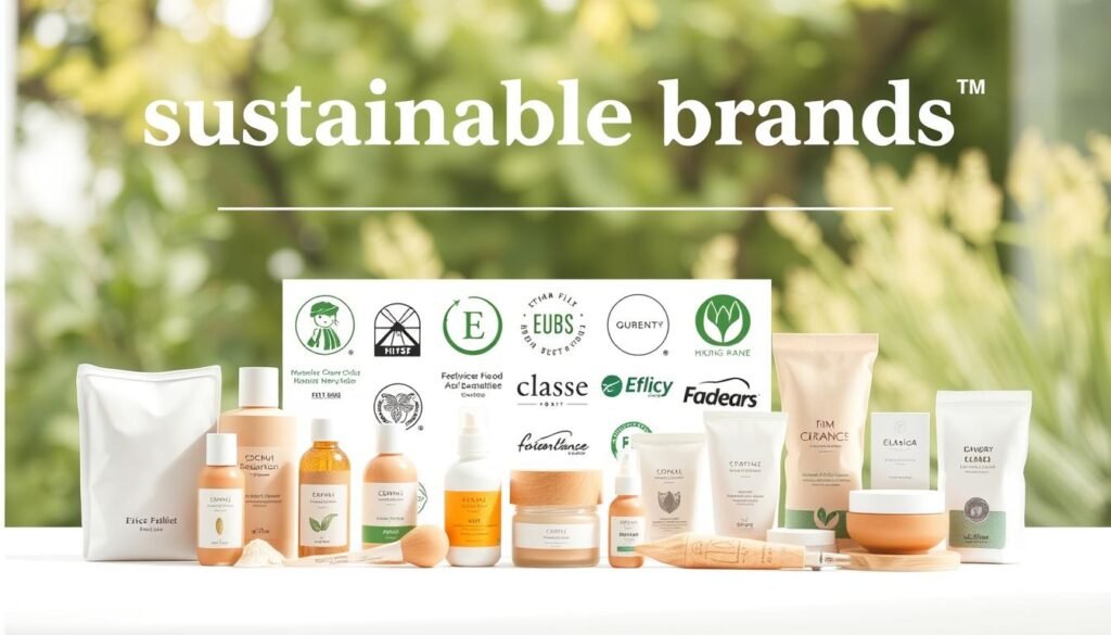 A high-quality, visually striking image of a "sustainable brands shopping guide" that aligns with the article's subject and section title. Set in a minimalist, contemporary style with a clean, bright, and natural aesthetic. In the foreground, a curated selection of sustainable fashion, beauty, and lifestyle products arranged neatly on a white background, showcasing their eco-friendly credentials and premium design. In the middle ground, a collage of product labels, certifications, and brand logos that highlight the ethical and sustainable practices of the featured companies. In the background, a soft, blurred nature scene with lush greenery, providing a calming and natural backdrop. Lighting is soft and diffused, with warm, natural tones. The camera angle is slightly elevated, creating a sense of curation and professionalism. The overall mood is one of mindfulness, simplicity, and a commitment to sustainable living.