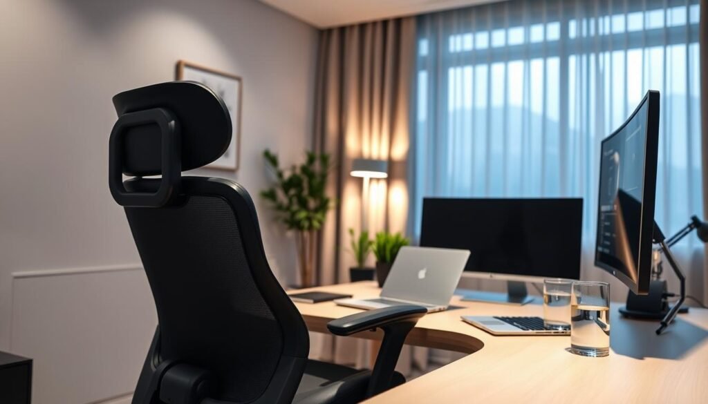 A home office with a sleek, modern design. In the foreground, an ergonomic office chair with lumbar support and adjustable height. On the desk, a minimalist laptop, a plant, and a glass of water. The middle ground features a large, curved monitor with a clean, cable-managed setup. Soft, indirect lighting illuminates the space, creating a calm and focused atmosphere. The background showcases a large window with natural light streaming in, framed by understated window treatments. The overall vibe is one of productivity, comfort, and efficiency, perfectly suited for a remote work environment.