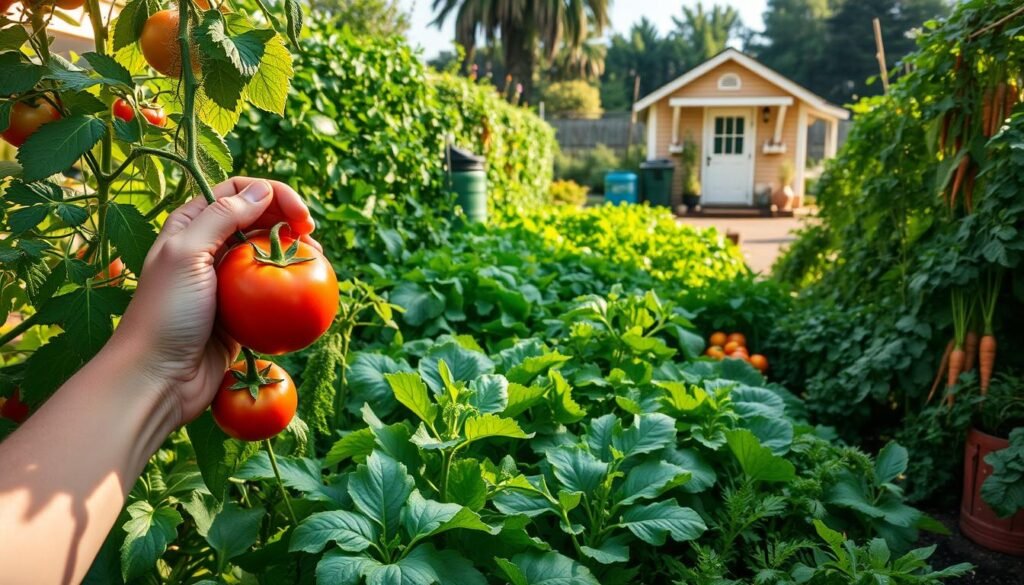 A lush, verdant garden filled with an array of fresh, organic produce - tomatoes, leafy greens, vibrant carrots, and more. In the foreground, a person tenderly plucks a ripe tomato, embodying the care and mindfulness of sustainable food cultivation. Sunlight filters through the leaves, casting a warm, inviting glow. In the middle ground, a compost bin and rain barrel demonstrate eco-friendly practices that nourish the soil. In the background, a small, eco-friendly home stands as a testament to the harmony between sustainable living and a healthy environment. This scene conveys the beauty and fulfillment of environmental stewardship through conscious, sustainable food choices.