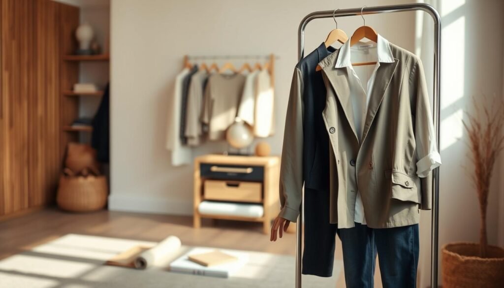 A neatly organized capsule wardrobe showcasing sustainable fashion pieces. In the foreground, a minimalist clothing rack displays a few carefully curated items - a classic white blouse, a tailored blazer, and a pair of dark denim jeans. Soft, natural lighting illuminates the scene, casting a warm, inviting glow. In the middle ground, various sustainable fabric swatches and textile samples are arranged, highlighting the quality and eco-friendly materials used. The background features a serene, neutral-toned room with wooden accents, conveying a sense of simplicity and timelessness. The overall mood is one of thoughtful, conscious living, reflecting the values of sustainable and ethical fashion choices.