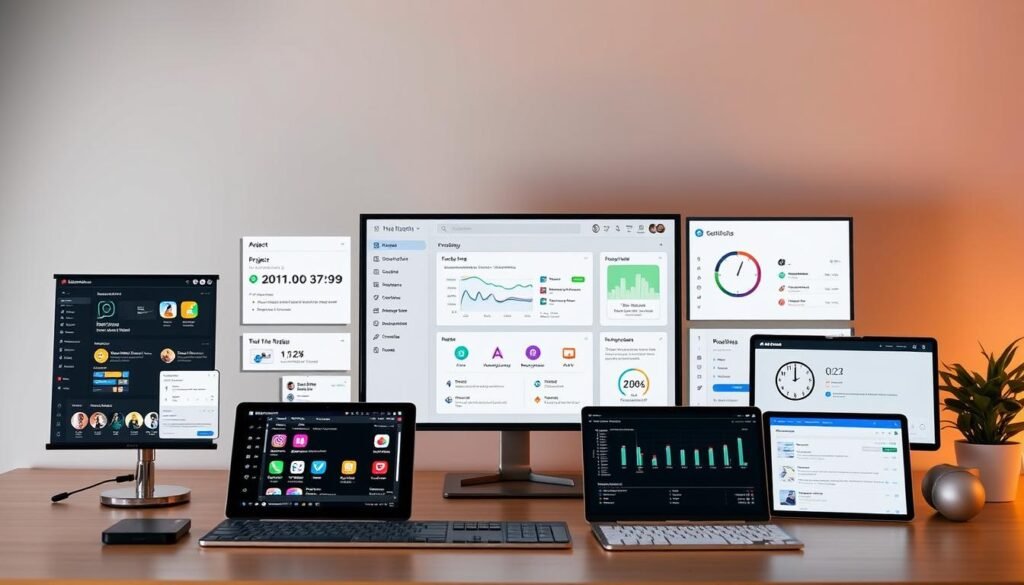 A sleek, minimalist dashboard displaying a variety of productivity software and apps, bathed in warm, soft lighting. In the foreground, various app icons and windows are neatly arranged, showcasing project management tools, note-taking apps, and time-tracking utilities. The middle ground features a clean, uncluttered layout with intuitive menus and controls, while the background subtly blends shades of gray, creating a calming, professional atmosphere. The overall composition evokes a sense of efficiency, organization, and digital productivity, perfectly suited to illustrate a comprehensive review of such tools.