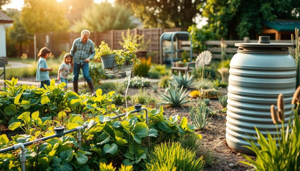 A tranquil landscape showcasing various water conservation techniques. In the foreground, a family tends to a lush vegetable garden irrigated by a drip system. In the middle ground, a modern rain barrel collects runoff for later use. In the background, a well-designed xeriscape garden thrives with drought-tolerant native plants. Soft, warm natural lighting bathes the scene, conveying a sense of harmony and environmental consciousness. The composition emphasizes the interconnectedness of sustainable water management practices that can be implemented in both urban and rural settings.