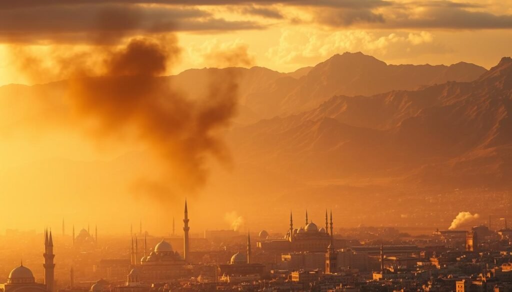 A tumultuous Middle Eastern landscape, bathed in warm, golden light. In the foreground, a sprawling city skyline is punctuated by towering minarets and domes, hinting at the region's rich cultural heritage. In the middle ground, plumes of smoke rise from scattered conflicts, while in the distance, rugged mountains loom ominously, suggesting the enduring geopolitical tensions that have long defined the region. The overall scene conveys a sense of both historic significance and modern instability, reflecting the complex and multifaceted challenges facing the Middle East. A tumultuous Middle Eastern landscape, bathed in warm, golden light. In the foreground, a sprawling city skyline is punctuated by towering minarets and domes, hinting at the region's rich cultural heritage. In the middle ground, plumes of smoke rise from scattered conflicts, while in the distance, rugged mountains loom ominously, suggesting the enduring geopolitical tensions that have long defined the region. The overall scene conveys a sense of both historic significance and modern instability, reflecting the complex and multifaceted challenges facing the Middle East.