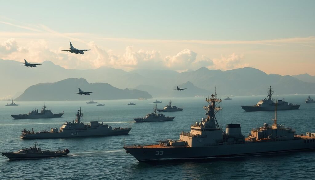 A vast expanse of the Taiwan Strait, teeming with military activity. In the foreground, naval vessels from both sides, their hulls gleaming in the sunlight, bristling with weaponry. In the middle ground, fighter jets soar overhead, their contrails etching the sky. The background is dominated by towering mountains, their peaks shrouded in mist, a constant reminder of the geopolitical tensions that simmer in this strategic waterway. The scene is imbued with a sense of unease, the air thick with the potential for conflict. Illuminated by warm, golden light, the image conveys the fragile balance of power and the high-stakes game being played in the Taiwan Strait. A vast expanse of the Taiwan Strait, teeming with military activity. In the foreground, naval vessels from both sides, their hulls gleaming in the sunlight, bristling with weaponry. In the middle ground, fighter jets soar overhead, their contrails etching the sky. The background is dominated by towering mountains, their peaks shrouded in mist, a constant reminder of the geopolitical tensions that simmer in this strategic waterway. The scene is imbued with a sense of unease, the air thick with the potential for conflict. Illuminated by warm, golden light, the image conveys the fragile balance of power and the high-stakes game being played in the Taiwan Strait.