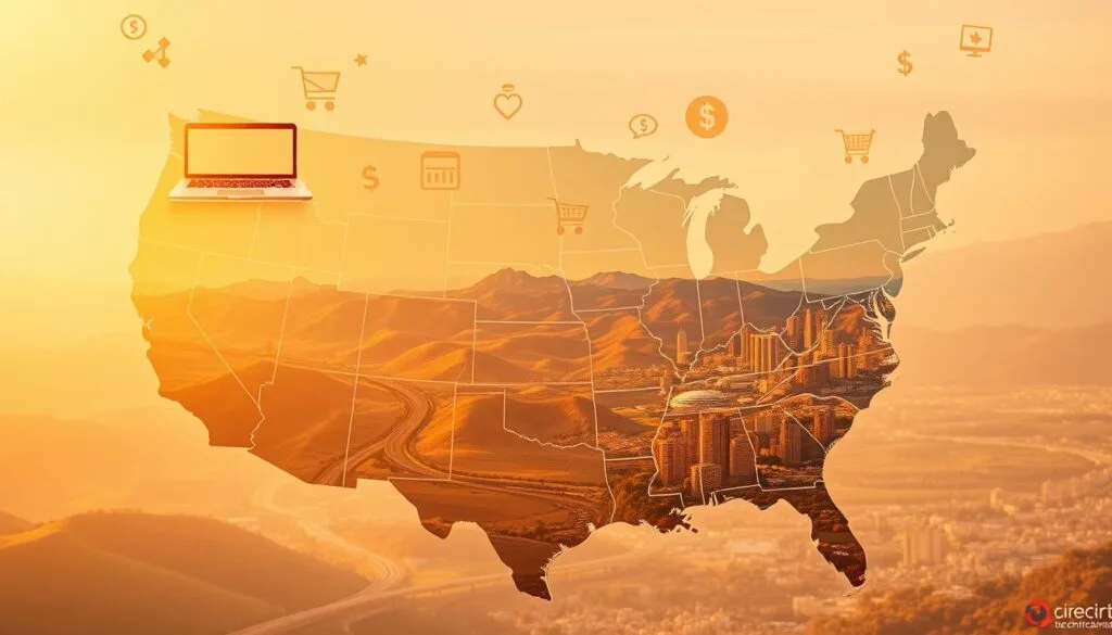 A vibrant map of the United States, bathed in a warm, golden glow. In the foreground, various online business icons - a laptop, smartphone, shopping cart, and dollar signs - hover above the country's diverse landscape. The middle ground features rolling hills, winding highways, and bustling city skylines, representing the boundless opportunities for digital entrepreneurship across the nation. The background is a soft, hazy gradient, creating a sense of depth and focus on the central elements. The composition conveys the idea of limitless potential for online ventures, from coast to coast.