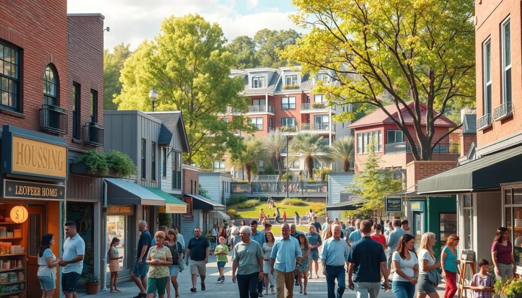 A vibrant urban scene depicting the intersection of housing, small businesses, and community programs. In the foreground, a diverse array of local shops and storefronts with warm, inviting signage and displays. People of all ages and backgrounds engage in lively conversations, browsing and interacting with the local merchants. In the middle ground, a mix of modern apartment buildings and townhouses, their facades adorned with colorful murals and potted plants, conveying a sense of community. The background features a lush public park, with families and children enjoying recreational activities, surrounded by trees and a sun-dappled sky. The overall atmosphere is one of vitality, inclusivity, and a thriving neighborhood supported by government initiatives. A vibrant urban scene depicting the intersection of housing, small businesses, and community programs. In the foreground, a diverse array of local shops and storefronts with warm, inviting signage and displays. People of all ages and backgrounds engage in lively conversations, browsing and interacting with the local merchants. In the middle ground, a mix of modern apartment buildings and townhouses, their facades adorned with colorful murals and potted plants, conveying a sense of community. The background features a lush public park, with families and children enjoying recreational activities, surrounded by trees and a sun-dappled sky. The overall atmosphere is one of vitality, inclusivity, and a thriving neighborhood supported by government initiatives.