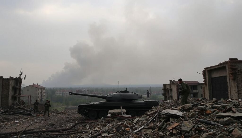 A war-torn landscape of Ukraine, with plumes of smoke rising from the horizon. In the foreground, a devastated city block, rubble and debris scattered across the ground. Soldiers in full combat gear take cover behind crumbling walls, weapons at the ready. The middle ground reveals a destroyed tank, its hull blackened and twisted. Overhead, the sky is a muted, grey palette, heavy with the weight of conflict. The atmosphere is tense, the mood somber and foreboding. Captured through the lens of a weathered photojournalist, this image conveys the harsh realities of the Russia-Ukraine war and its global impact. A war-torn landscape of Ukraine, with plumes of smoke rising from the horizon. In the foreground, a devastated city block, rubble and debris scattered across the ground. Soldiers in full combat gear take cover behind crumbling walls, weapons at the ready. The middle ground reveals a destroyed tank, its hull blackened and twisted. Overhead, the sky is a muted, grey palette, heavy with the weight of conflict. The atmosphere is tense, the mood somber and foreboding. Captured through the lens of a weathered photojournalist, this image conveys the harsh realities of the Russia-Ukraine war and its global impact.