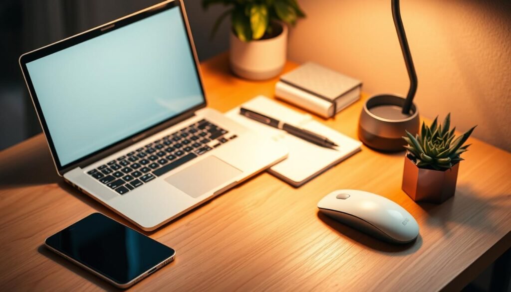 An organized desk with a laptop, smartphone, notebook, and various productivity tools like a stylish desk lamp, a sleek wireless mouse, a minimalist pen holder, and a succulent plant, all bathed in warm, natural lighting that creates a cozy, focused atmosphere for remote work. The scene is captured from a slightly elevated angle, giving a sense of balance and efficiency. The overall composition conveys a sense of control, productivity, and the harmonious integration of technology and nature to optimize the remote work experience.