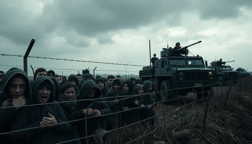 A bleak, dystopian landscape of the Belarus-EU border crisis. In the foreground, a group of weary, displaced migrants crowd along a barbed wire fence, their faces etched with desperation. Looming in the background, ominous military vehicles and armed guards signal the weaponization of this humanitarian emergency. A gloomy, overcast sky casts an eerie, ominous atmosphere, while the harsh, industrial lighting accentuates the harsh realities of this geopolitical conflict. Convey the sense of human suffering, political manipulation, and the erosion of compassion in the face of strategic demographic destabilization.