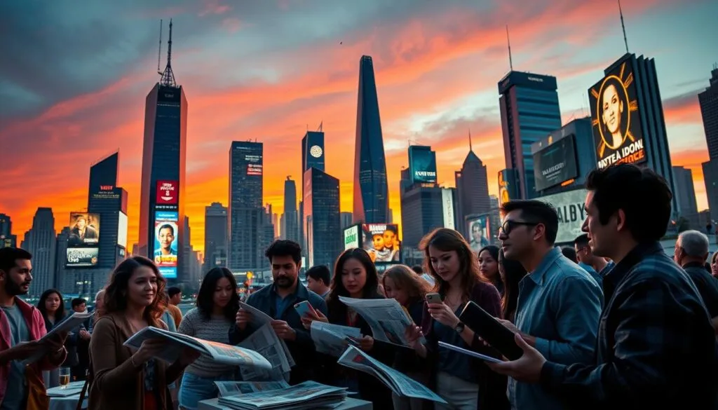 A bustling city skyline at dusk, with towering skyscrapers and billboards illuminated against a vibrant orange sky. In the foreground, a group of diverse individuals engaged in lively discussions, their expressions reflecting the power dynamics at play. Newspapers, magazines, and digital devices are scattered among them, symbolizing the complex interplay of media, print, and narrative control. The scene is captured through a cinematic wide-angle lens, casting long shadows and creating a sense of depth and tension. The overall mood is one of contemplation, as the viewer is invited to consider the forces that shape the stories we are exposed to and the implications for underrepresented voices.