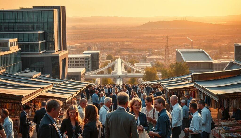 A bustling market square, with stalls and vendors showcasing an array of goods. In the foreground, a group of business executives engaged in animated discussions, their faces reflecting a mix of ambition and determination. The middle ground features an array of modern architectural structures, their sleek lines and glass facades symbolizing the aspirational nature of the "investable pathways" concept. In the background, a vast, open landscape stretches out, suggesting the limitless potential of the market signal. The scene is bathed in a warm, golden light, creating a sense of optimism and possibility. The overall composition conveys the transition from aspirational language to tangible, investable opportunities in the energy sector.