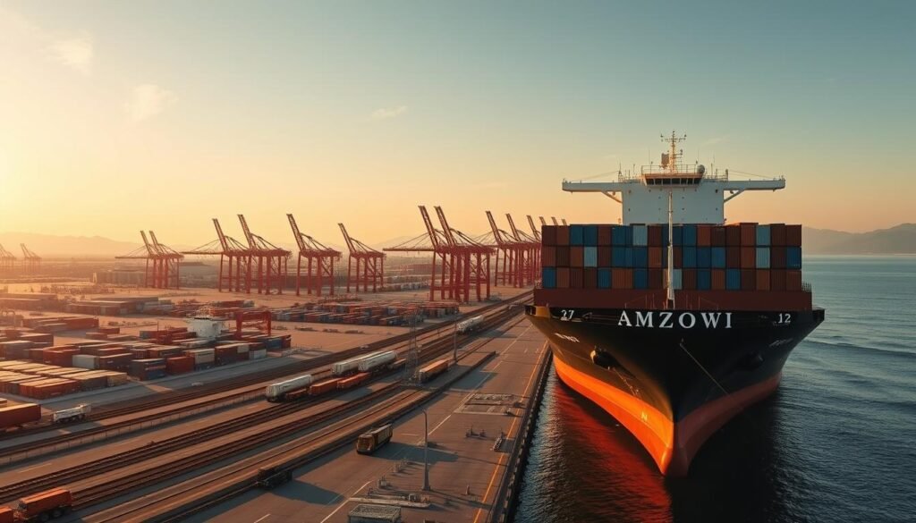 A bustling port scene at Alat, Azerbaijan, with cargo ships and container cranes dotting the shoreline. In the background, a sprawling intermodal logistics hub with rail lines, warehouses, and trucks moving goods. The sky is bathed in a warm, golden glow, casting a sense of energy and vitality over the Middle Corridor trade route connecting Europe and Asia. Prominent in the foreground, a massive container ship stands ready to transport goods across the Caspian Sea, symbolizing the critical role of this strategic East-West supply chain. The scene conveys the dynamism and connectivity of Azerbaijan's pivotal position in the region's evolving logistics networks. A bustling port scene at Alat, Azerbaijan, with cargo ships and container cranes dotting the shoreline. In the background, a sprawling intermodal logistics hub with rail lines, warehouses, and trucks moving goods. The sky is bathed in a warm, golden glow, casting a sense of energy and vitality over the Middle Corridor trade route connecting Europe and Asia. Prominent in the foreground, a massive container ship stands ready to transport goods across the Caspian Sea, symbolizing the critical role of this strategic East-West supply chain. The scene conveys the dynamism and connectivity of Azerbaijan's pivotal position in the region's evolving logistics networks.