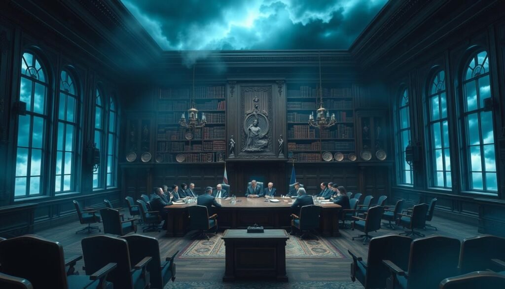 A courtroom interior bathed in a cool, bluish hue, with ominous storm clouds looming outside the large windows. In the foreground, a judge's bench and empty chairs suggest an ongoing legal battle, while the middle ground is dominated by a large, ornate conference table surrounded by lawyers and diplomats engaged in heated discussions. The background features a towering bookshelf filled with ancient tomes, hinting at the complex legal history and precedents at play. The scene conveys a sense of high-stakes geopolitical tensions and the use of legal strategies, or "lawfare," to shape the outcome of a crucial seabed mining agreement.