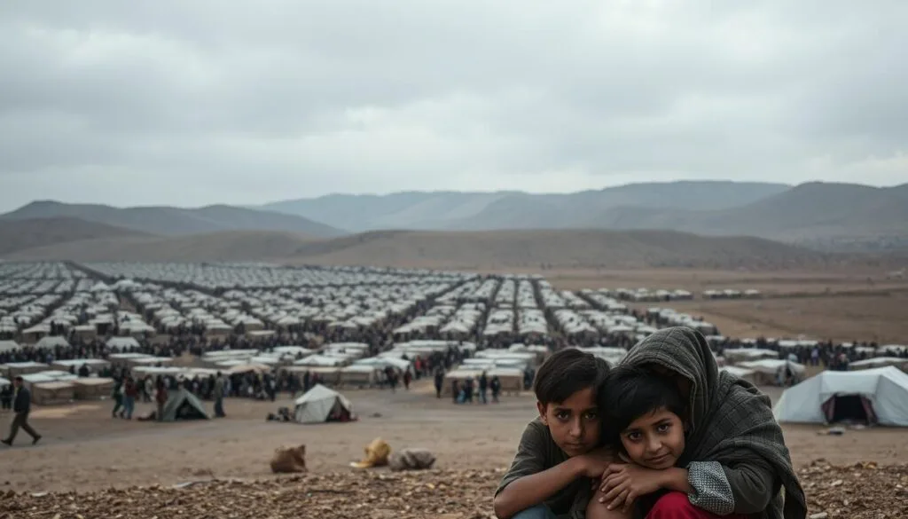A desolate refugee camp set against a bleak, overcast sky. In the foreground, a family huddled together, their faces etched with despair. Middle ground: lines of tents and makeshift shelters, a sea of humanity seeking refuge. Distant background: barren, windswept hills, a harsh and unforgiving landscape. Muted colors, diffused light, a palpable sense of hopelessness. This scene conveys the human toll of forced migration, the humanitarian crisis that arises when strategic objectives override compassion.