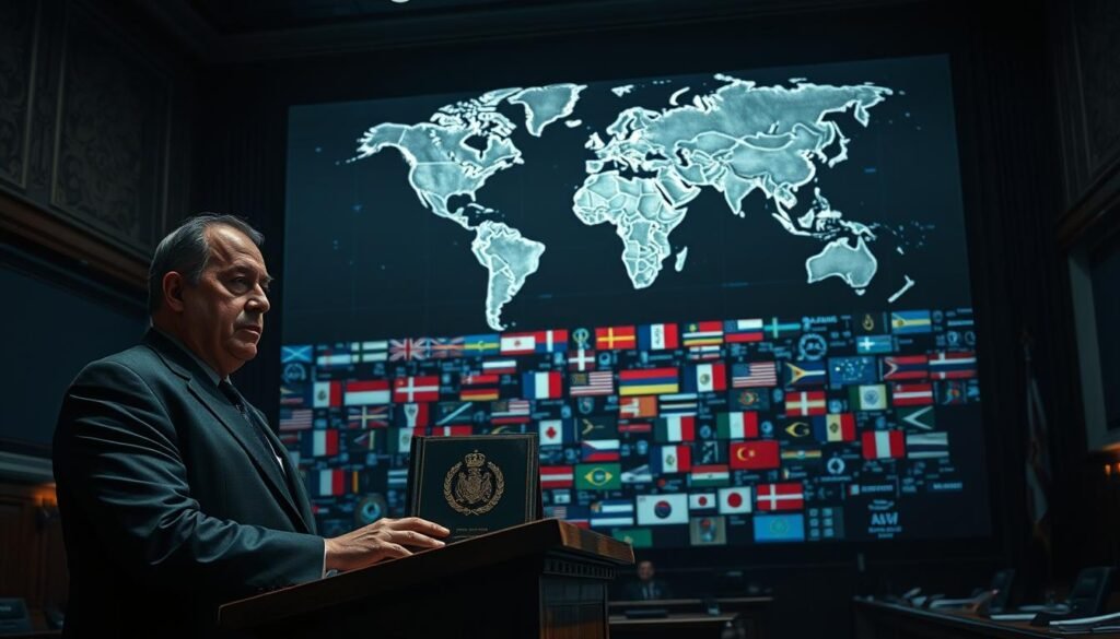 A dimly lit administrative chamber, the walls adorned with intricate maps and legal documents. In the foreground, a stern-faced government official stands at a podium, hands resting on a large tome emblazoned with the symbols of international law. The middle ground reveals a gridlock of conflicting jurisdictions, represented by overlapping national flags and digital data streams. In the background, a towering holographic projection of a world map, its borders shifting and blurring, illustrating the complex, evolving nature of digital sovereignty. Dramatic chiaroscuro lighting casts dramatic shadows, conveying the weighty, high-stakes nature of the subject matter. An atmosphere of deliberation and tension permeates the scene, reflecting the delicate balance between national interests and global governance in the age of data-driven technologies.