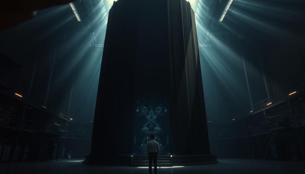 A dimly lit laboratory setting, with a towering monolithic structure in the center, its intricate inner workings obscured by an enigmatic black veil. Beams of light, both natural and artificial, filter through, casting an atmospheric glow. In the foreground, a lone figure, their face cast in shadow, contemplates the imposing machine, a symbol of the opacity and accountability challenges surrounding artificial intelligence. The scene conveys a sense of unease and the need for greater transparency in the field of AI development.