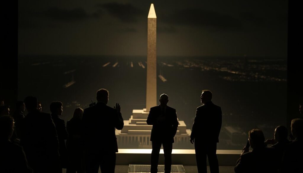 A dramatic, chiaroscuro-lit tableau depicting the complex interplay of domestic politics and sovereignty risks. In the foreground, a group of faceless figures engage in heated debate, their expressions obscured by shadow. The middle ground features a towering monolith, its form ambiguous, hinting at the levers of power. In the background, a blurred cityscape recedes into the distance, suggesting the broader geopolitical landscape. The lighting is dramatic, with stark contrasts of light and dark, evoking a sense of tension and uncertainty. The overall mood is one of gravitas and unease, reflecting the weighty subject matter. A dramatic, chiaroscuro-lit tableau depicting the complex interplay of domestic politics and sovereignty risks. In the foreground, a group of faceless figures engage in heated debate, their expressions obscured by shadow. The middle ground features a towering monolith, its form ambiguous, hinting at the levers of power. In the background, a blurred cityscape recedes into the distance, suggesting the broader geopolitical landscape. The lighting is dramatic, with stark contrasts of light and dark, evoking a sense of tension and uncertainty. The overall mood is one of gravitas and unease, reflecting the weighty subject matter.