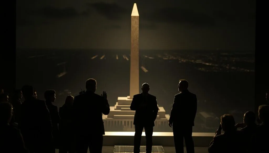 A dramatic, chiaroscuro-lit tableau depicting the complex interplay of domestic politics and sovereignty risks. In the foreground, a group of faceless figures engage in heated debate, their expressions obscured by shadow. The middle ground features a towering monolith, its form ambiguous, hinting at the levers of power. In the background, a blurred cityscape recedes into the distance, suggesting the broader geopolitical landscape. The lighting is dramatic, with stark contrasts of light and dark, evoking a sense of tension and uncertainty. The overall mood is one of gravitas and unease, reflecting the weighty subject matter.