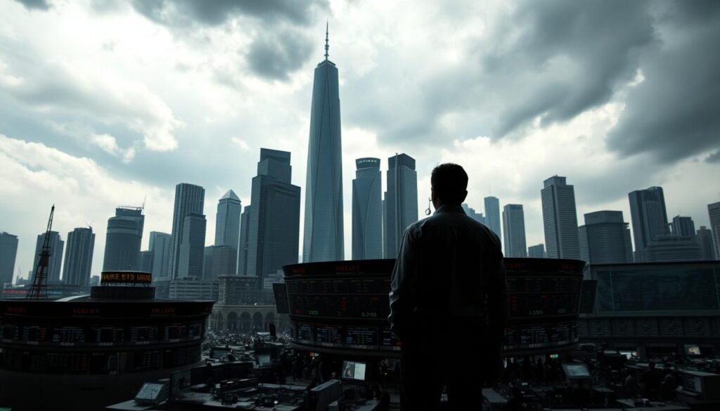 A dramatic cityscape of an emerging market metropolis, its towering skyscrapers silhouetted against a turbulent sky. In the foreground, a bustling stock exchange floor, traders gazing anxiously at shifting digital displays. Amidst the chaos, a single figure stands contemplative, surveying the impact of global upheaval on the local economy. The scene is bathed in a moody chiaroscuro lighting, heightening the sense of uncertainty and volatility. The composition is framed by a wide-angle lens, capturing the scale and complexity of the situation. The overall tone evokes a palpable tension, reflecting the profound challenges faced by emerging markets in the face of current geopolitical and economic upheaval.