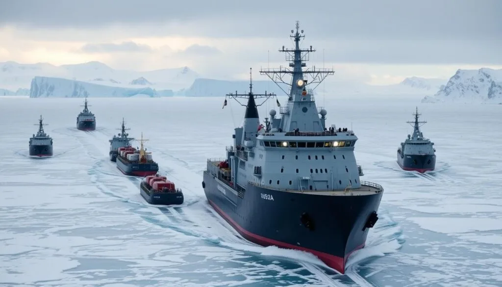 A fleet of powerful icebreakers navigates through the frozen expanse of the Arctic, escorting cargo vessels and tankers through the treacherous ice floes. In the foreground, a massive nuclear-powered icebreaker with its reinforced hull and towering superstructure leads the way, its powerful engines carving a path through the thick sea ice. In the middle ground, smaller diesel-electric icebreakers flank the convoy, providing additional support and assistance as needed. The background is a panoramic view of the Arctic landscape, with towering glaciers, snow-capped mountains, and a moody, overcast sky. The scene conveys the operational realities of navigating the Northern Sea Route, highlighting the essential role of icebreaker escorts in ensuring safe passage and maintaining Russia's strategic interests in the region.