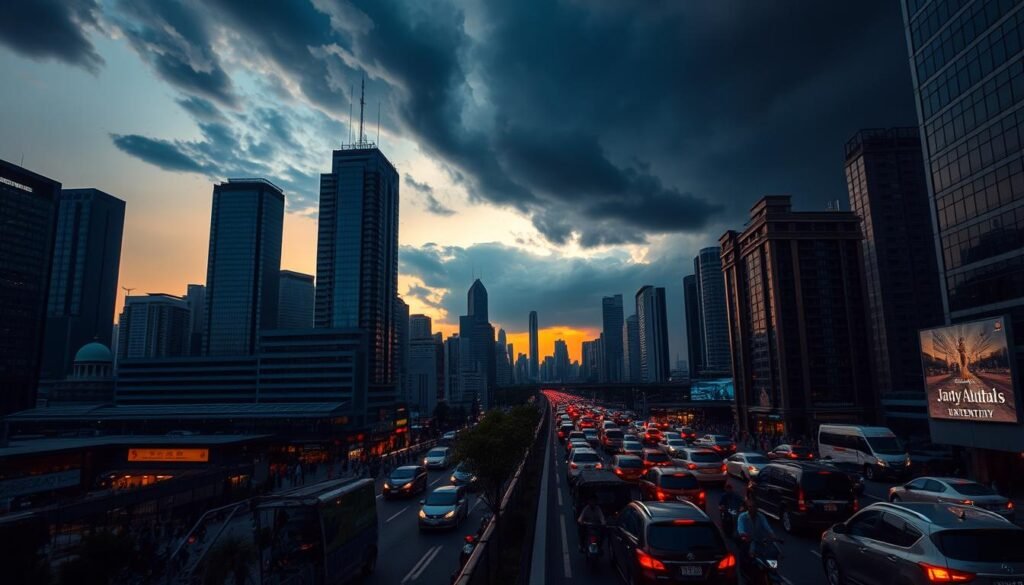 A high-contrast cityscape of an emerging market metropolis at dusk, with skyscrapers and financial district in the foreground, their glass facades reflecting the warm colors of the setting sun. In the middle ground, a bustling street scene with people navigating through heavy traffic, blending modern vehicles and traditional modes of transport. In the background, a looming storm front casts dramatic shadows, suggesting the volatility and uncertainty of the global economic climate. The lighting is dramatic, with strong directional shadows and highlights, evoking a sense of tension and urgency. The overall mood is one of economic dynamism tempered by the turbulence of the current environment.