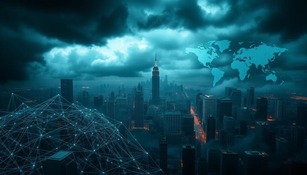 A high-resolution, cinematic illustration depicting the rippling economic and geopolitical consequences of state-sponsored cyber attacks. In the foreground, a data stream visualized as a tangled web of interconnected nodes and lines, representing the complex web of global digital infrastructure. Surrounding this, a panoramic cityscape shrouded in an ominous, storm-like atmosphere, conveying the sense of disruption and instability. In the background, stock charts, financial graphs, and geographic maps gradually fade into the gloom, symbolizing the far-reaching impacts across sectors and regions. Dramatic, moody lighting casts dramatic shadows, heightening the sense of foreboding and high-stakes. A high-resolution, cinematic illustration depicting the rippling economic and geopolitical consequences of state-sponsored cyber attacks. In the foreground, a data stream visualized as a tangled web of interconnected nodes and lines, representing the complex web of global digital infrastructure. Surrounding this, a panoramic cityscape shrouded in an ominous, storm-like atmosphere, conveying the sense of disruption and instability. In the background, stock charts, financial graphs, and geographic maps gradually fade into the gloom, symbolizing the far-reaching impacts across sectors and regions. Dramatic, moody lighting casts dramatic shadows, heightening the sense of foreboding and high-stakes.