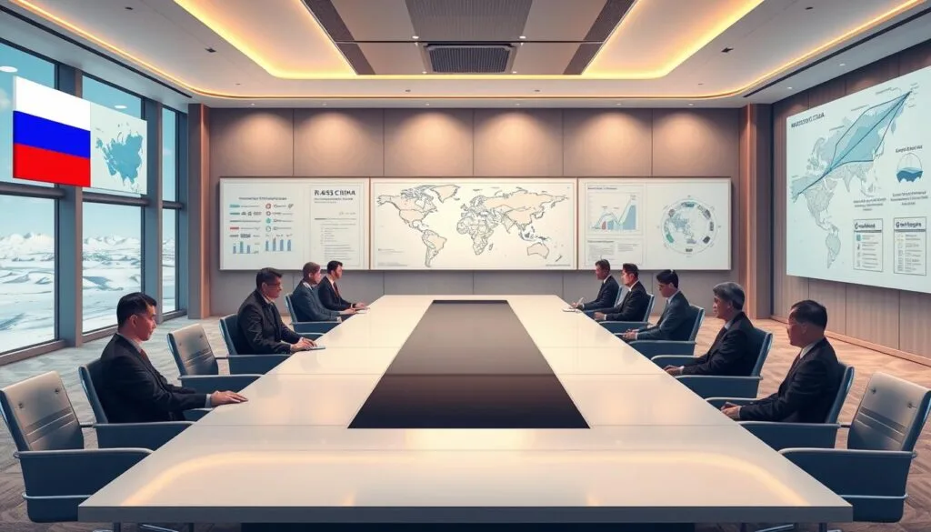 A high-resolution digital illustration depicting a formal meeting of the Russia-China NSR sub-commission. The scene takes place in a spacious conference room with sleek, modern furniture and floor-to-ceiling windows overlooking a snowy Arctic landscape. At the center is a long, polished table surrounded by diplomats from both countries, engaged in discussion. The lighting is soft and warm, creating an atmosphere of serious, diplomatic negotiations. In the background, large wall-mounted displays show maps, charts, and technical diagrams related to the Northern Sea Route and Arctic infrastructure projects. The overall tone is one of cooperation, progress, and strategic partnership between Russia and China in the Arctic.