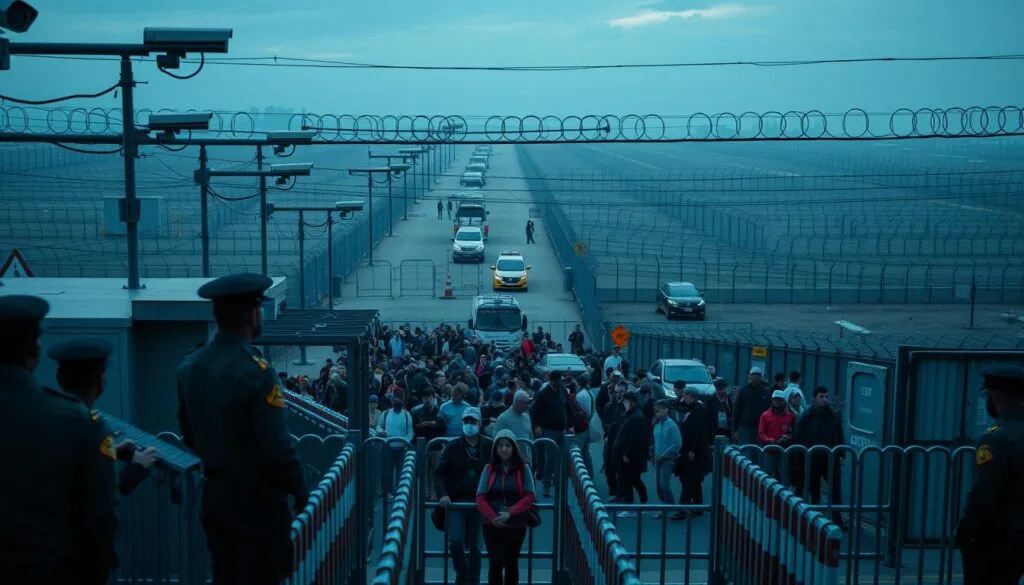 A high-security border crossing, where uniformed officers guard the gates. In the foreground, rows of barricades and surveillance cameras monitor the flow of people. The middle ground depicts a chaotic mix of travelers, their faces etched with concern, as they navigate the bureaucratic maze. In the background, a sweeping aerial view reveals the sprawling network of fences, checkpoints, and concertina wire, a visual metaphor for the complex geopolitical challenges of migration and national security. The scene is bathed in an ominous, twilight hue, conveying a sense of unease and the weight of these critical policy decisions. A wide-angle lens captures the scope and gravity of the situation, inviting the viewer to ponder the operational and strategic implications.
