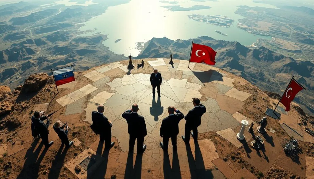 A panoramic aerial view of a geopolitical chessboard, with Russia, Iran, Türkiye, Israel, and the EU as the dominant players. The landscape is a mosaic of landscapes, from the rugged Caucasus mountains to the shimmering Caspian Sea. Powerful leaders stand at the center, casting long shadows as they maneuver for influence and control. Intricate diplomatic negotiations unfold in the foreground, while the background is a tapestry of military might, energy resources, and shifting alliances. The scene is bathed in a somber, authoritative light, conveying the gravity and complexity of the regional power dynamics at play.