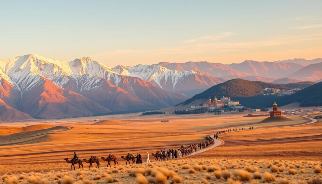 A panoramic landscape depicting the geopolitical interconnectedness of Greater Central Asia. In the foreground, the towering Tian Shan mountains of Kazakhstan stretch towards the horizon, their snow-capped peaks reflecting the warm glow of the setting sun. In the middle ground, a bustling caravan of camels and traders winds its way along the ancient Silk Road, connecting the economies of the region. In the background, the rolling grasslands of Mongolia give way to the forested slopes of the Caucasus Mountains, where the Georgian capital of Tbilisi nestles amidst its historic architecture. The scene conveys a sense of dynamic movement and integration, reflecting the westward pivot of these nations as they forge new economic and geopolitical ties. A panoramic landscape depicting the geopolitical interconnectedness of Greater Central Asia. In the foreground, the towering Tian Shan mountains of Kazakhstan stretch towards the horizon, their snow-capped peaks reflecting the warm glow of the setting sun. In the middle ground, a bustling caravan of camels and traders winds its way along the ancient Silk Road, connecting the economies of the region. In the background, the rolling grasslands of Mongolia give way to the forested slopes of the Caucasus Mountains, where the Georgian capital of Tbilisi nestles amidst its historic architecture. The scene conveys a sense of dynamic movement and integration, reflecting the westward pivot of these nations as they forge new economic and geopolitical ties.