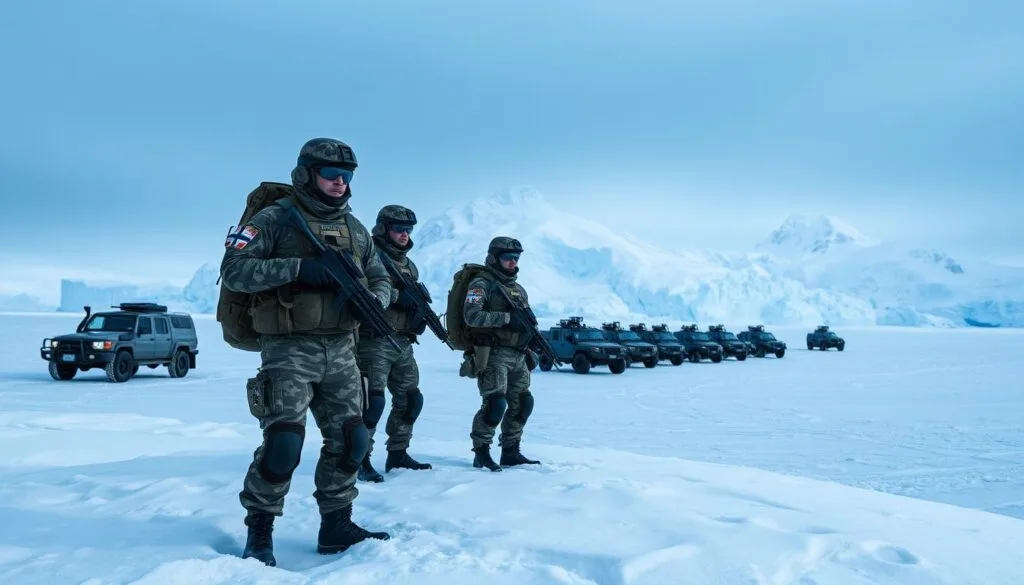 A pristine Arctic landscape, bathed in cool, ethereal light. In the foreground, a group of heavily-armed Arctic security personnel stand vigilant, their camouflage uniforms and tactical gear blending seamlessly with the snow-covered terrain. In the middle ground, a fleet of state-of-the-art military vehicles, their sleek silhouettes designed for optimal performance in the harsh, icy conditions. Beyond, towering glaciers and icebergs rise majestically, a testament to the untamed power of the High North. The scene conveys a sense of unwavering resolve, as these guardians of the Arctic safeguard the strategic interests of their nations against any potential threat, their presence a symbol of the West's commitment to maintaining a strong security posture in this geopolitically crucial region.