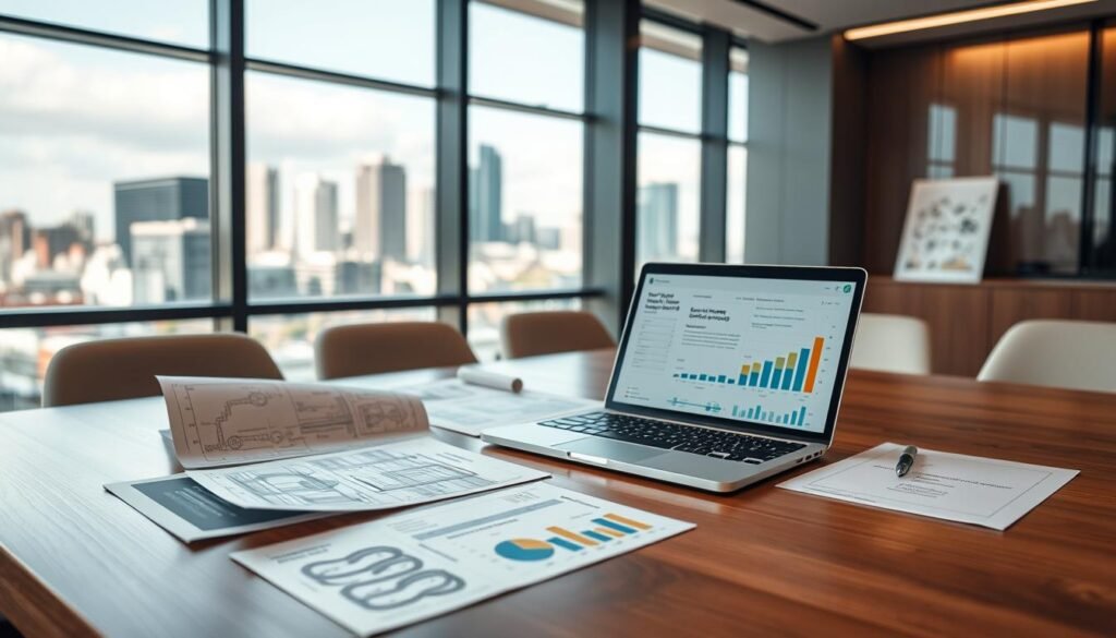 A sleek and modern office environment, with a large window overlooking a cityscape in the background. In the foreground, a polished wooden table displays various engineering schematics, diagrams, and technical documents related to small modular reactors (SMRs) and advanced nuclear reactor technologies. On the table, a laptop displays a detailed investment thesis, with charts and graphs illustrating the potential growth and financial benefits of these innovative nuclear power solutions. The lighting is soft and warm, creating a professional and well-appointed atmosphere. The scene conveys a sense of progress, innovation, and the promise of a sustainable energy future.