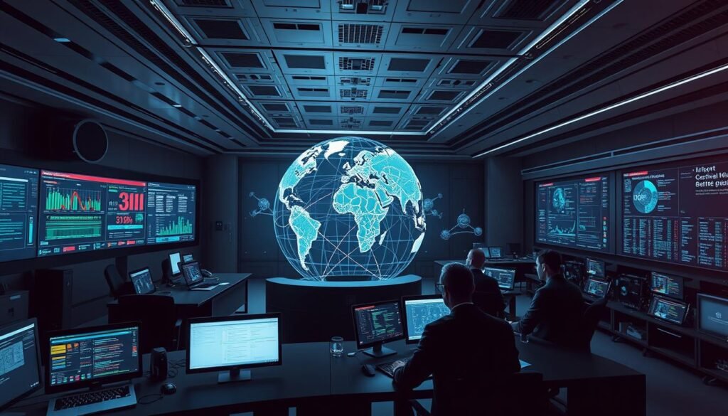 A sophisticated cybersecurity command center, with banks of monitors displaying real-time data on network activity, threat detection, and critical infrastructure status. In the foreground, a team of analysts intently study the digital defense protocols, coordinating responses to potential breaches. The middle ground features a holographic globe, glowing lines tracing the interconnected global networks. The background showcases a sleek, futuristic architecture, with advanced security features seamlessly integrated. Muted tones of gray and blue set a serious, high-stakes tone, while strategic lighting casts dramatic shadows, conveying the gravity of the mission to safeguard the nation's digital defenses. A sophisticated cybersecurity command center, with banks of monitors displaying real-time data on network activity, threat detection, and critical infrastructure status. In the foreground, a team of analysts intently study the digital defense protocols, coordinating responses to potential breaches. The middle ground features a holographic globe, glowing lines tracing the interconnected global networks. The background showcases a sleek, futuristic architecture, with advanced security features seamlessly integrated. Muted tones of gray and blue set a serious, high-stakes tone, while strategic lighting casts dramatic shadows, conveying the gravity of the mission to safeguard the nation's digital defenses.