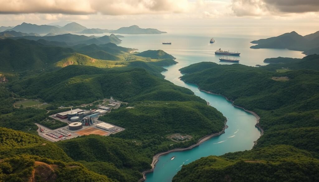 A sprawling, lush landscape of New Caledonia's mountainous terrain, with verdant forests and winding rivers. In the foreground, a cluster of high-tech green energy facilities and mining operations, extracting vital strategic minerals. In the distance, cargo ships and tankers navigating the turquoise waters of the Indo-Pacific, symbolizing the region's critical role in EU's supply chain resilience. The sky is bathed in warm, golden hues, conveying a sense of progress and innovation. Detailed, cinematic, 8K, photorealistic.